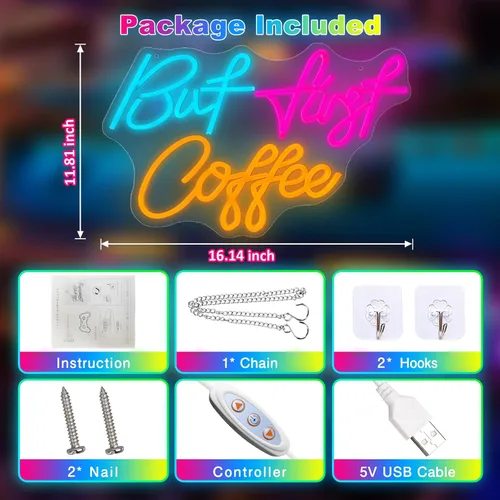 Vista 4 de Letrero de neón con texto en inglés «But First CoffeeNeon», «CoffeeLight» alimentado por USB, para cafetería, cafetería, cocina, hogar, bar