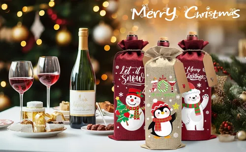 Vista 4 de Aoonby 12 piezas de bolsas de vino de arpillera, bolsas de regalo de vino de Navidad para botellas, regalos, bolsa de botella de Navidad con cordón