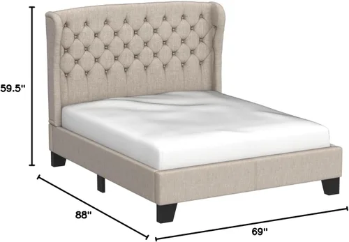 Vista 2 de Rosevera Issac - Cama con cabecero ajustable de diseño distintivo y marco de cama acolchado con botones, tamaño Queen, beige natural