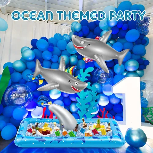 Vista 5 de Deekin 3 decoraciones de fiesta de tiburones incluyen 1 enfriador inflable de fiesta de tiburón, 2 flotadores inflables de juguete para piscina