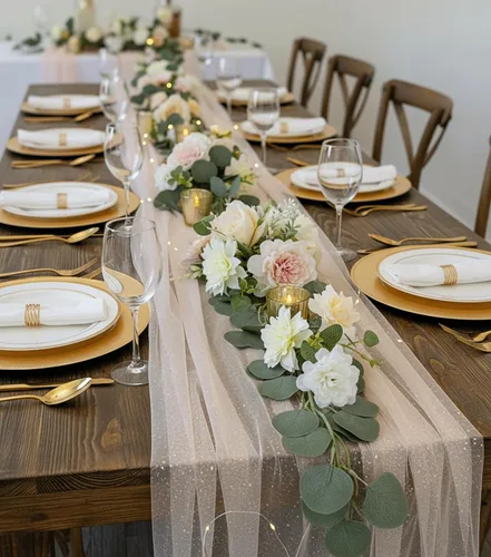 Vista 5 de PapaKit Camino de mesa de tul rosa rubor brillante, 27 pulgadas x 10 pies (3.3 yardas) para vacaciones, decoración de bodas, fiestas y decoración
