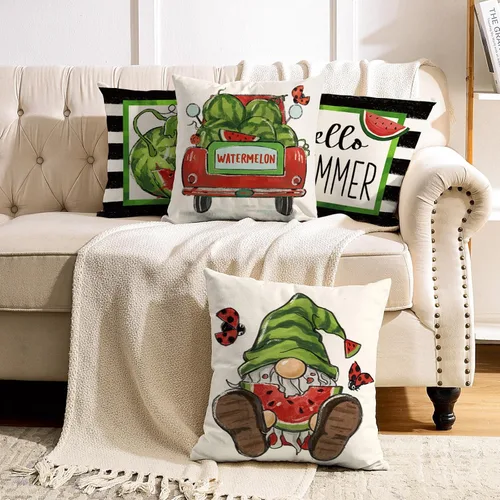 Vista 7 de AnyDesign Fundas de almohada de verano para verano, sandía, gnomo, camión, funda de cojín de rayas blancas y negras, para el hogar