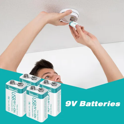 Vista 7 de Batería recargable de litio USB de 9 V de 860 mAh con cable de carga 4 en 1, baterías de 9 voltios 6f22 para detectores de humo (paquete de 8)