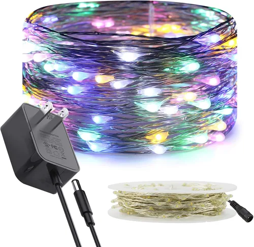 Vista 10 de RUICHEN Luces de Hadas de Alambre Plateado Enchufables de 33 Pies, Cadena de 100 Luces LED con Carrete, Azul Waterproof, Silver Coated Copper Wire