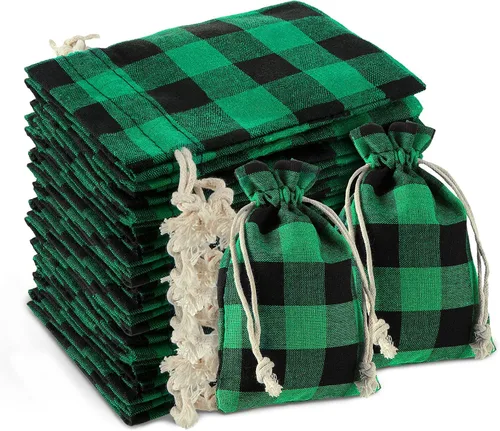 Vista 13 de Boao 24 piezas Bolsas de Navidad Bolsas de regalo con cordón de Navidad a cuadros de búfalo envoltura de regalo de algodón bolsa de dulces