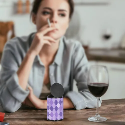Vista 7 de Ceniceros portátiles a cuadros morados profundos para cigarrillos con tapa, a prueba de olores, de acero inoxidable, portátil, sin humo, mini bote