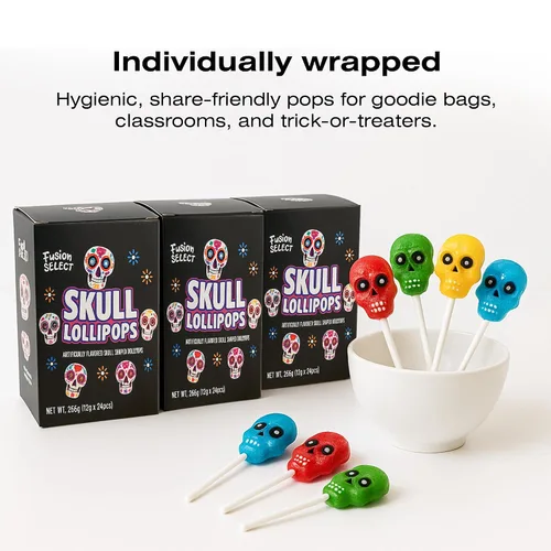 Vista 7 de Fusion Select 24 paletas de calavera de azúcar, dulces coloridos de Halloween y Día de los Muertos, golosinas novedosas envueltas individualmente