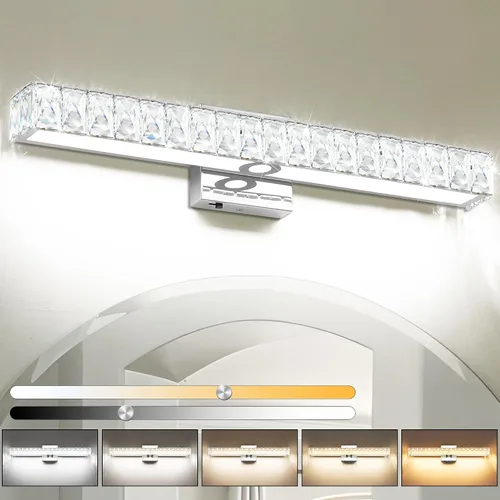 Vista 11 de SOLFART Lámpara de baño, accesorios de iluminación de tocador de cristal, luces LED modernas sobre espejo, lámpara de baño de 60 cm, cromada Luz