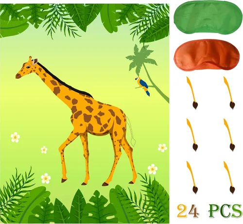 Vista 6 de Suministros de fiesta de cumpleaños de la selva, Pin The Tail en la jirafa, Safari Theme Zoo Birthday Party Favor, decoración