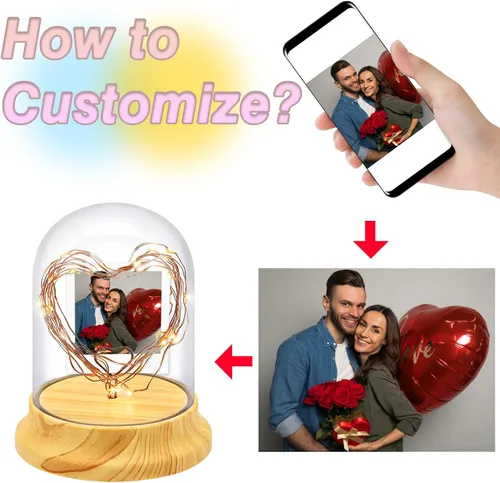 Vista 3 de Luz nocturna personalizada con foto, lámpara de noche personalizada con imagen de corazones en pantalla de vidrio con cadena de luces LED, regalos