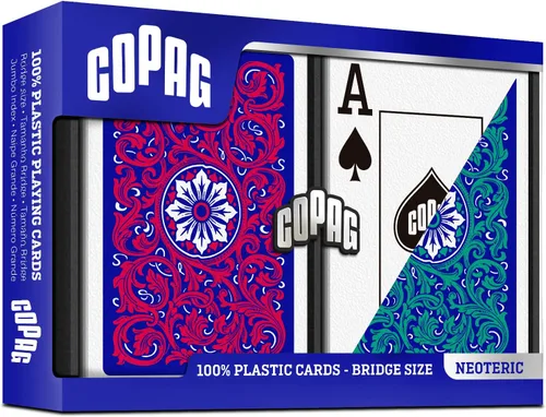 Vista 2 de Copag 1546 Juego de cartas de póquer de diseño neótero, tamaño bridge (estrecho) Juego doble verde/rojo (índice Jumbo)