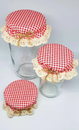 Vista 5 de DLK - 10 fundas elásticas para frascos - 100% algodón, patrón elástico de cuadros rojos (cuadros) - Cuenco con tapa de fermentación transpirable