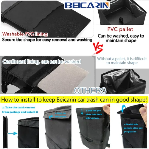 Vista 2 de Beicarin Papelera para coche con tapa, bolsa de basura para colgar con bolsillos de almacenamiento, plegable y portátil, organizador de auto a