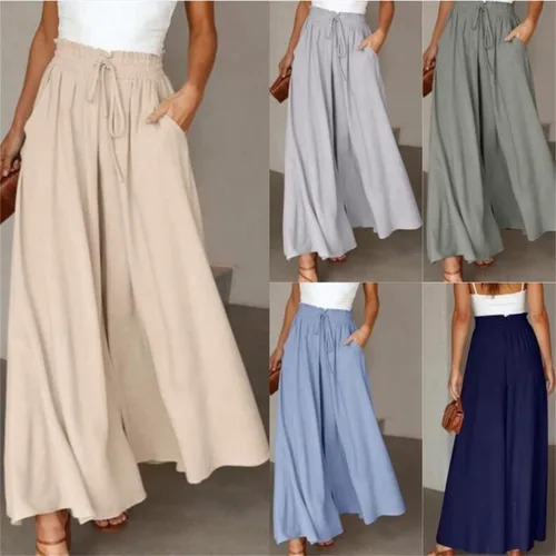 Vista 4 de Women High Waist Casual Wide Leg Long Palazzo Pants Loose Flowy Drawstring High Waist Palazzo Lounge Trousers