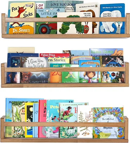 Vista 23 de AZSKY Estantes clásicos para libros de guardería, estantes flotantes de madera negra, estantería de pared para decoración de baño, cocina, especias