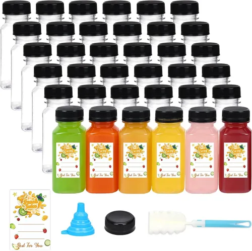 Vista 8 de BAKHUK 36 botellas de plástico de 2 onzas con tapas, botellas de chupito de jengibre, contenedores reutilizables transparentes a granel