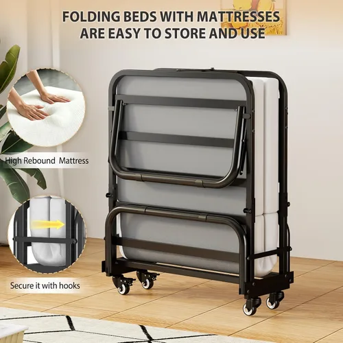 Vista 4 de Folding Bed with Mattress,Roll Away Beds with Mattresses for Adults 31"*75" Cot Foldable Guest Bed on Wheels, Portable Bed with Memory Foam