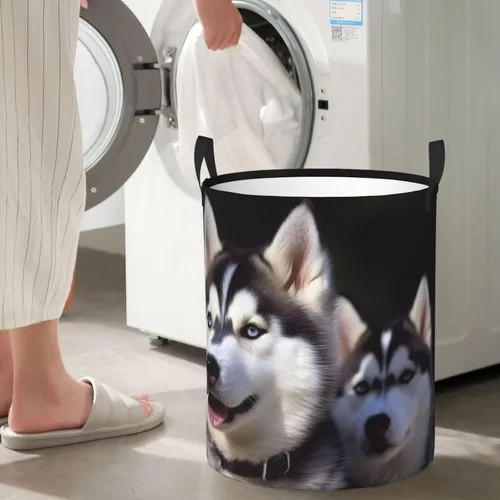 Vista 5 de Cesta de lavandería para perro Husky impermeable, cesta de ropa sucia, plegable, con asas, cesta de lavandería independiente para baño, dormitorio