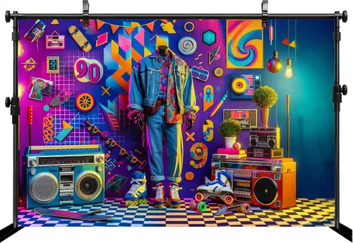 Vista 3 de Telón de fondo retro de los años 90 de 5 x 3 pies con elementos de neón coloridos de los años 90, para patineta, boombox, fondo para hip hop, rap