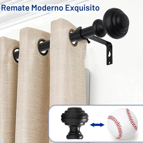 Vista 2 de Barras de cortina para ventanas de 48 a 84 pulgadas, 3/4 pulgadas, barra de cortina decorativa ajustable resistente con remates modernos, barras