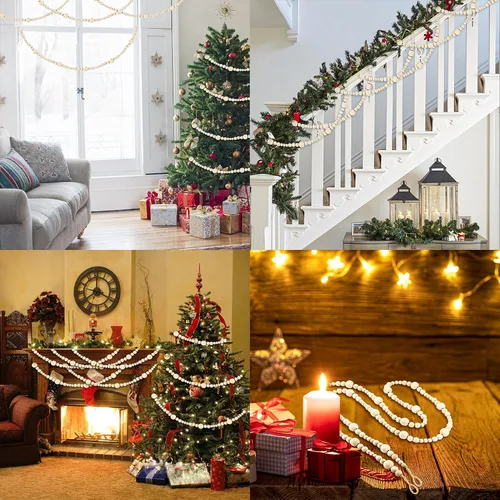 Vista 6 de 2 piezas de guirnalda de cuentas de madera para Navidad, guirnalda de cuentas de madera de 14.4 pies para decoración de árbol de Navidad, cuentas