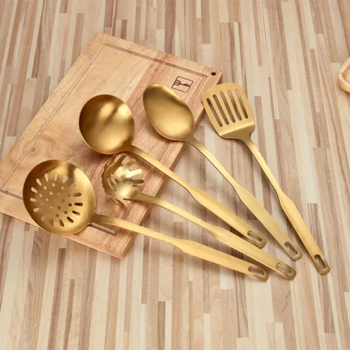 Vista 6 de Juego de utensilios de cocina de acero inoxidable de 5 piezas, juego de herramientas de cocina, dorado