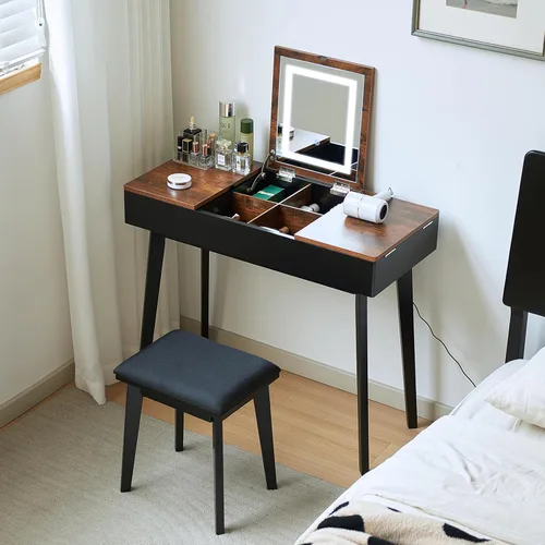 Vista 7 de Tocador Pequeño, Tocador Compacto para Niñas con Taburete y Toma de Corriente, Escritorio de Maquillaje con Espejo y Luz LED, Mesa de Tocador