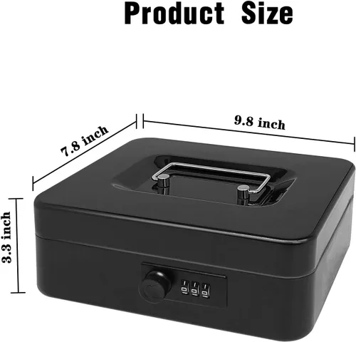 Vista 2 de Caja de efectivo de acero seguro con cerradura de combinación y bandeja extraíble, organizador de dinero de metal para uso doméstico y oficina