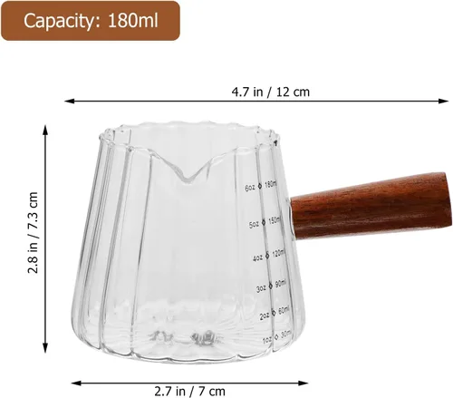 Vista 2 de Taza medidora de vaso de chupito de café expreso, jarra triple de 6 onzas, taza de leche con mango de madera, lado de vidrio, para tetera de té
