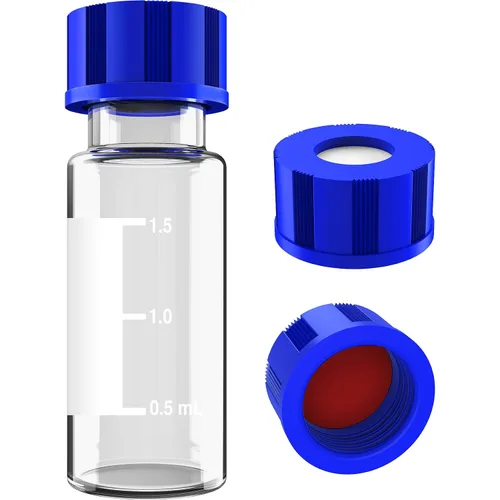 Vista 9 de Viales de muestreo automático de 0.1 fl oz, viales de muestra HPLC/GC, con área de escritura y graduaciones, tapón de rosca 9-425, PTFE azul