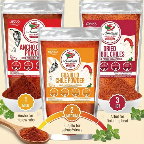 Vista 3 de Chile Powder Variety Pack 4oz cada Ancho Guajillo Arbol Molido Chili Pepper
