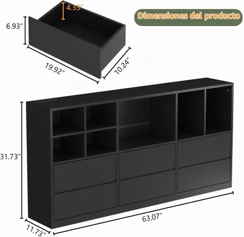Vista 2 de Gyfimoie Cómoda negra para dormitorio con 6 cajones, cómoda con luces LED y estación de carga, cómoda de 63 pulgadas de largo con 7 cubos abiertos