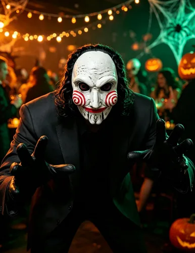 Vista 5 de Máscara de rompecabezas, disfraz de Billy The Puppet para adultos, máscara de cabeza completa de Halloween