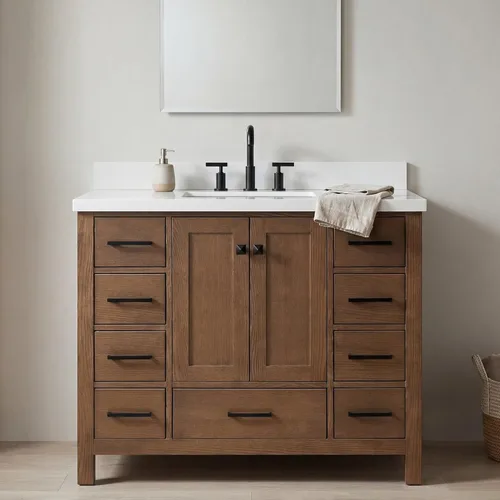 Vista 16 de DKB Isabella - Mueble de baño negro de 42 pulgadas con fregadero, lavabo rectangular, encimera de cuarzo blanco puro y protector contra salpicaduras