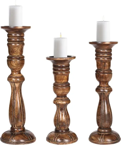 Vista 12 de Juego de 3 candelabros de pilar de madera de granja - Portavelas altos rústicos hechos a mano para decoración del hogar, centros de mesa, bodas