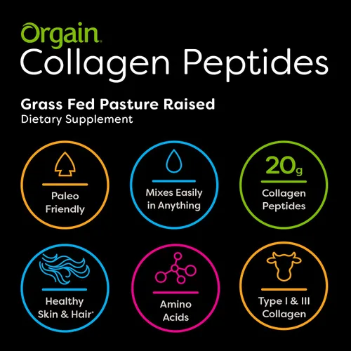Vista 3 de Orgain Proteína en polvo de péptidos de colágeno hidrolizados alimentados con pasto, apto para dieta paleo y cetogénica, suplemento de aminoácidos