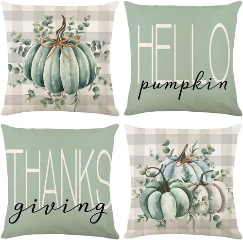 Vista 10 de Fundas de almohada de otoño con diseño de calabaza y hojas de arce naranja para el hogar, 18 x 18 pulgadas, decoración de agradecimientos bendecidos