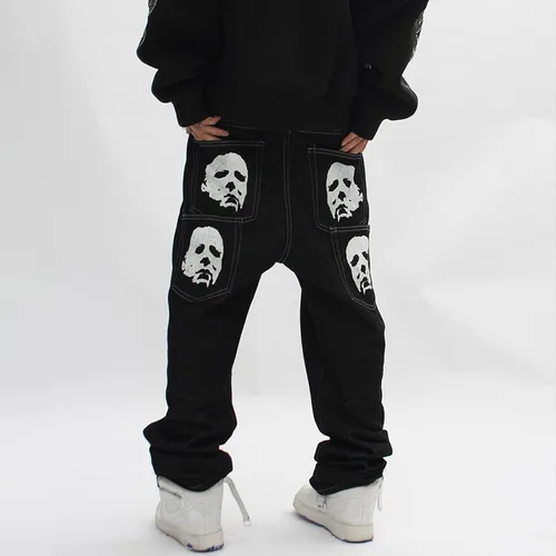 Vista 2 de Pantalones de mezclilla góticos de hip hop, ropa de calle para hombre, estampado gráfico, holgados, punk rock, Harajuku, pantalones de mezclilla
