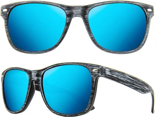 Vista 11 de MAXJULI Gafas de sol polarizadas para cabezas grandes, hombres y mujeres, protección UV 400, lentes de sol de grano de madera 8809 B1.negro/gris
