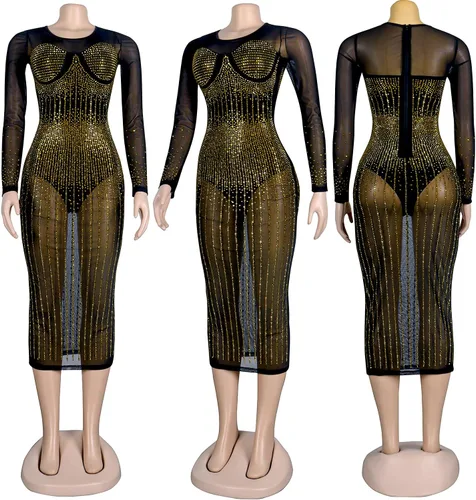 Vista 5 de PORRCEY Vestido sexy y elegante con diamantes de imitación para mujer, malla transparente, entallado, para cumpleaños, cóctel, fiesta, club, noche