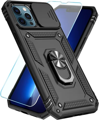 Vista 44 de SunStory Funda compatible con iPhone 12 Pro Max con protector de pantalla HD, cubierta de cámara deslizante y soporte de anillo giratorio