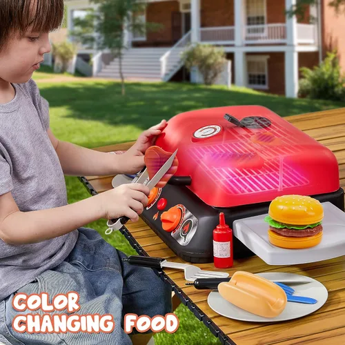 Vista 6 de Juego de parrilla para barbacoa para niños, juego de juguetes de cocina con humo de simulación, luz, sonido y alimentos que cambian