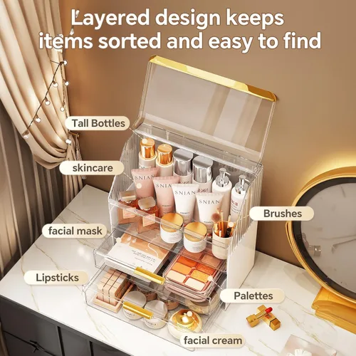Vista 3 de Organizador de maquillaje para encimera con tapa, organizadores de cuidado de la piel para tocador, 3 niveles, almacenamiento de maquillaje