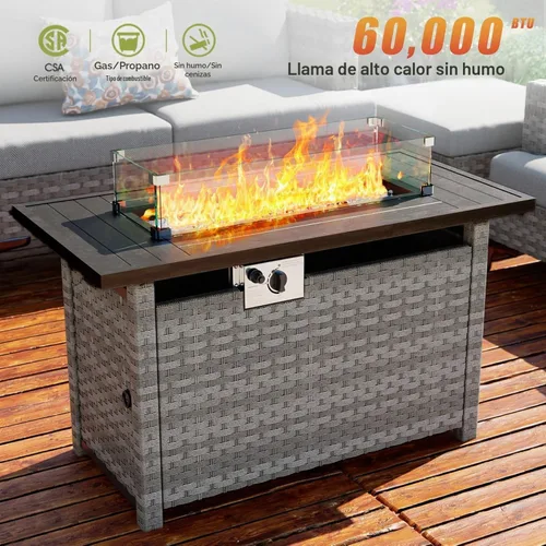 Vista 3 de Mesa para fogata de 44 pulgadas con protector contra el viento para exteriores, fogatas de gas propano de encendido automático, mesa rectangular