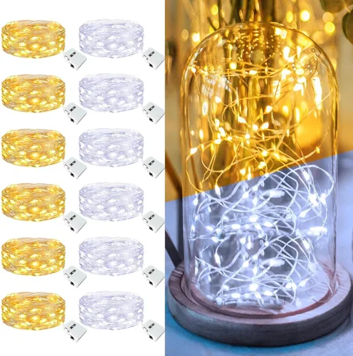 Vista 31 de Paquete de 12 luces de hadas que funcionan con pilas, 20 luces LED parpadeantes de 7 pies, 3 modos, mini luces a granel impermeables para tarros