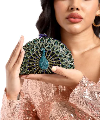 Vista 9 de Boutique De FGG Bolsos de mano con diamantes de imitación de pavo real para mujer, bolsos de noche para bodas, fiestas, bolsa de mano de cristal