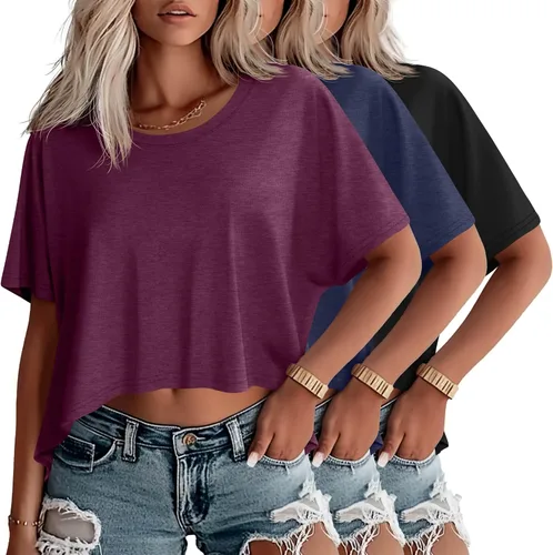 Vista 20 de Huukeay Paquete de 3 camisetas recortadas de gran tamaño para mujer, manga corta, holgadas, cuello redondo, holgadas, para entrenamiento