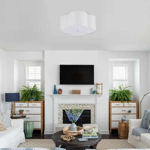 Vista 5 de Lámpara de techo semiempotrada, moderna lámpara cercana al techo con pantalla de tambor de tela blanca crema para guardería, habitación de niños