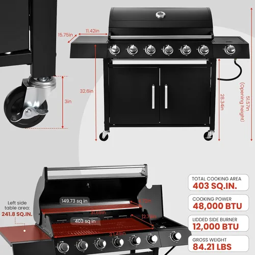 Vista 4 de Parrilla de gas con 6 quemadores y quemador lateral con 403 pulgadas cuadradas, parrilla de gas de propano para exteriores con 60,000 BTU, con tapa