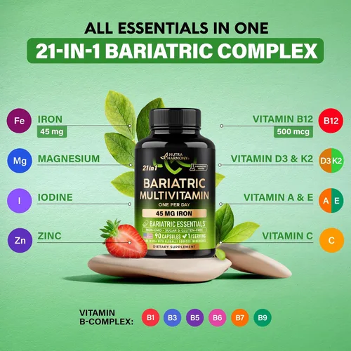 Vista 4 de Multivitamínico bariátrico - Suplementos de hierro de 45 mg - Fabricado en EE. UU. - para mujeres y hombres - Todo en uno, 21 vitaminas esenciales